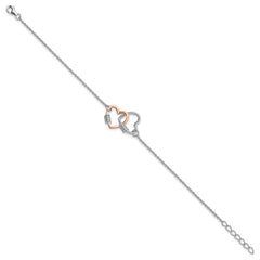 Sterling Silver Rh-plated Rose-tone Double Heart 7in w/1in ext Bracelet QG6547-7