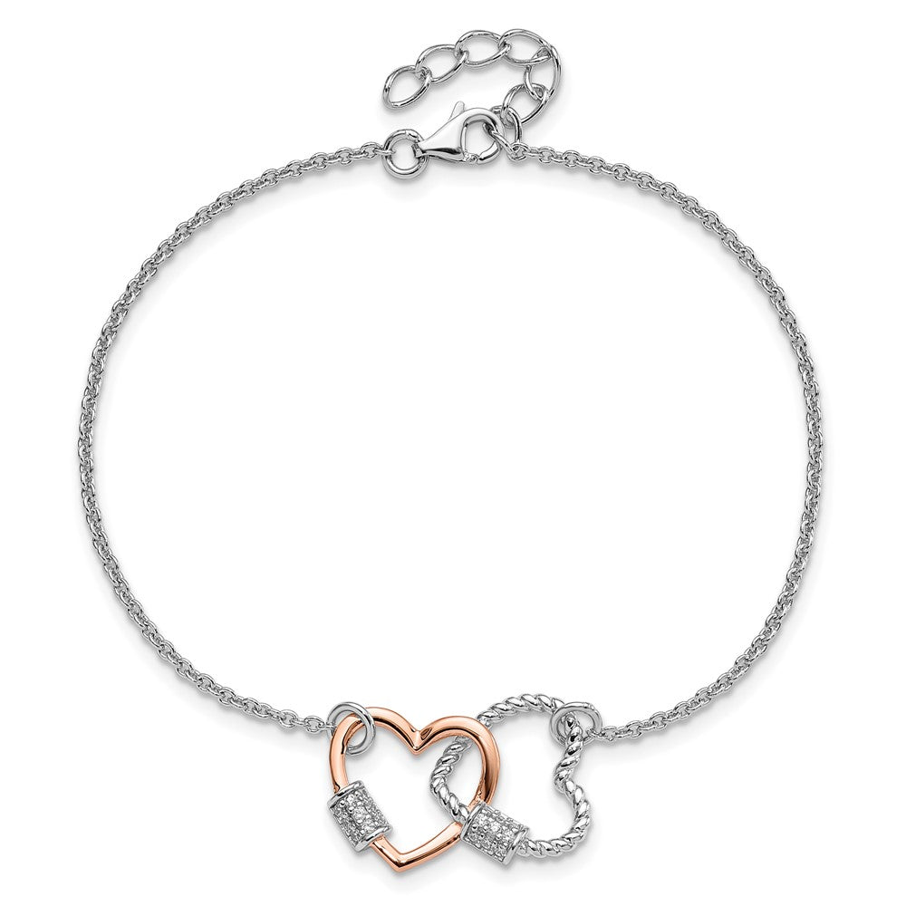 Sterling Silver Rh-plated Rose-tone Double Heart 7in w/1in ext Bracelet QG6547-7