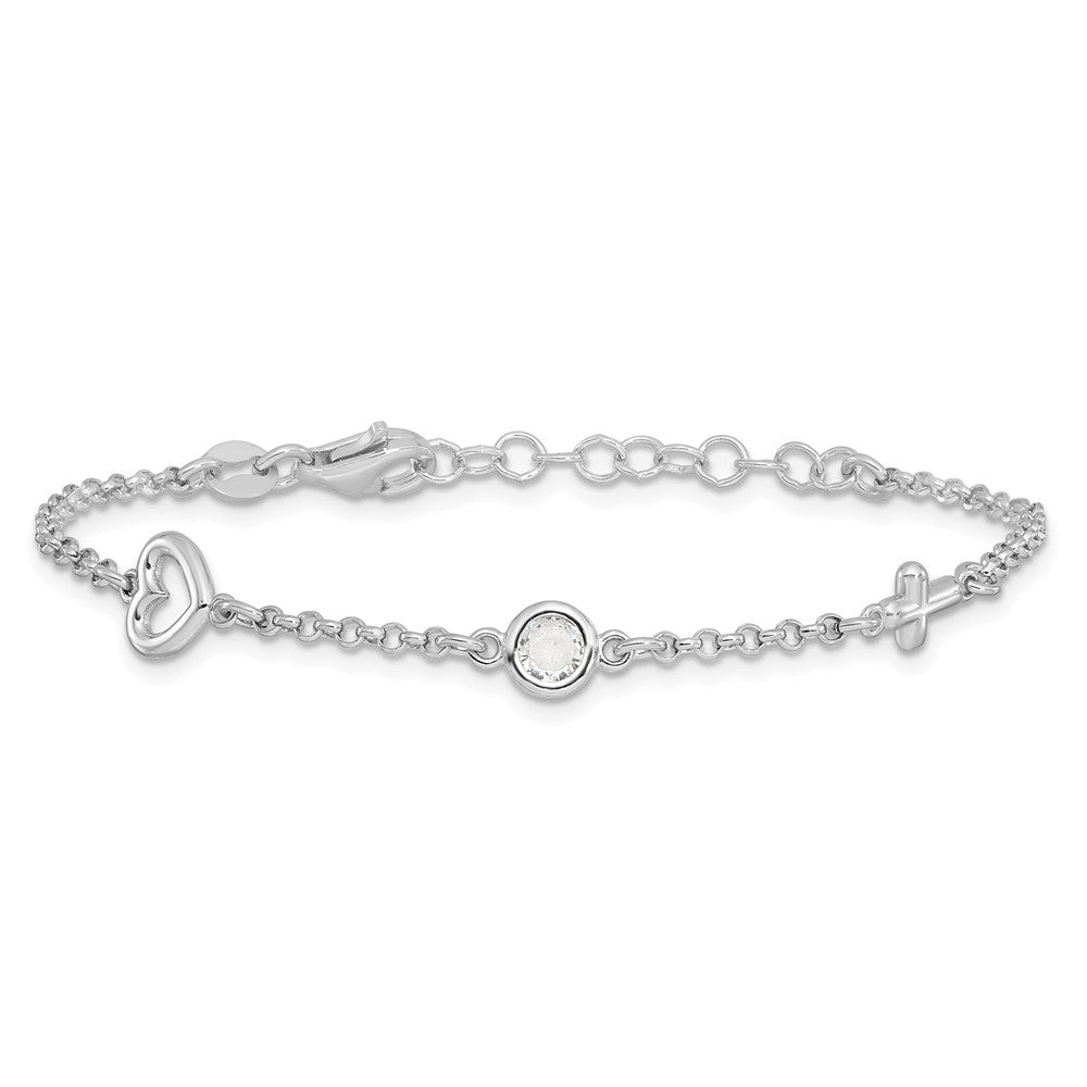 Sterling Silver RH-plated CZ Heart & Cross w/1in Ext. Children's Bracelet QG6733-5.5