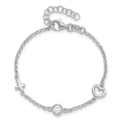 Sterling Silver RH-plated CZ Heart & Cross w/1in Ext. Children's Bracelet QG6733-5.5
