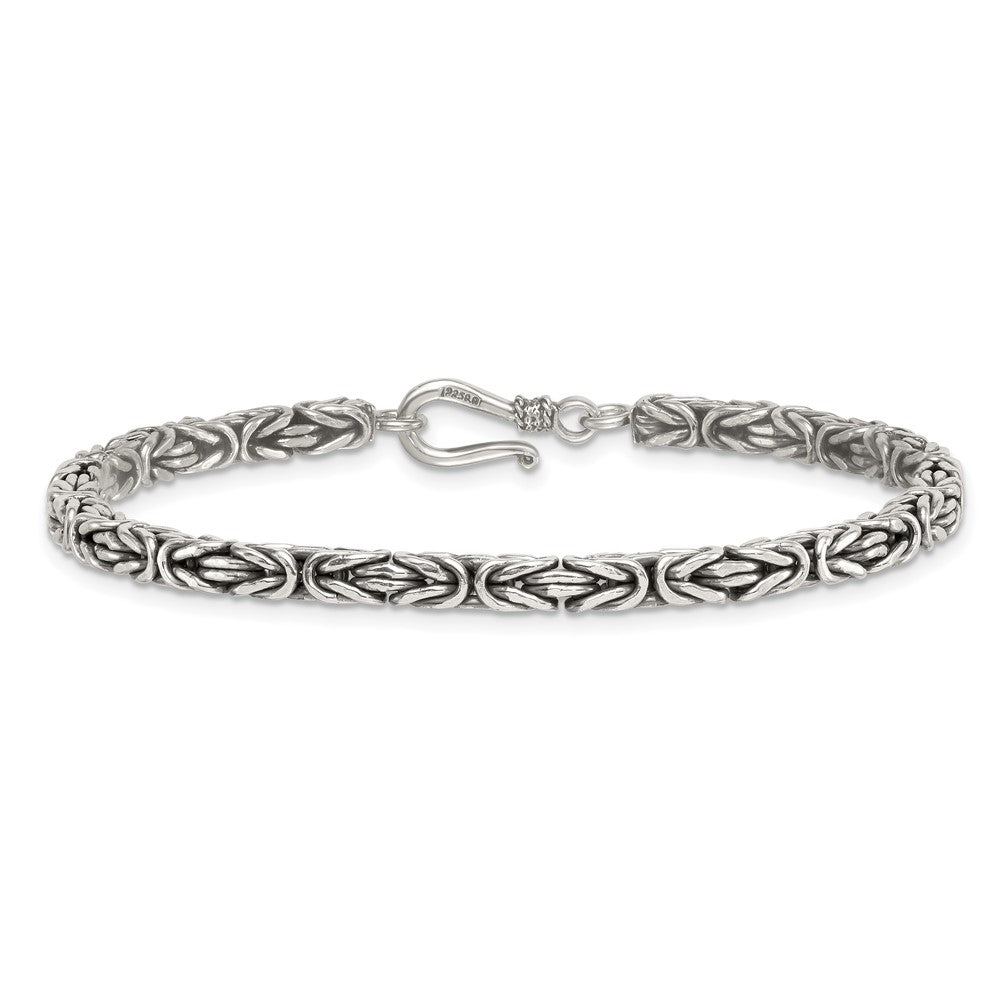 Sterling Silver Antiqued 4.0mm Byzantine 8 Inch Hook Clasp Mens Bracelet QG6782-8