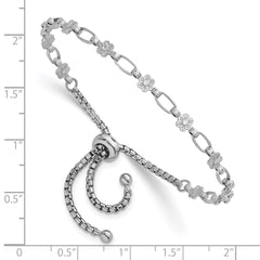 Sterling Silver Rhodium-plated Polished Flower and Rectangle Link Adjustable Bolo Bracelet QG6801