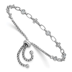 Sterling Silver Rhodium-plated Polished Round CZ and Cross Adjustable Bolo Bracelet QG6803