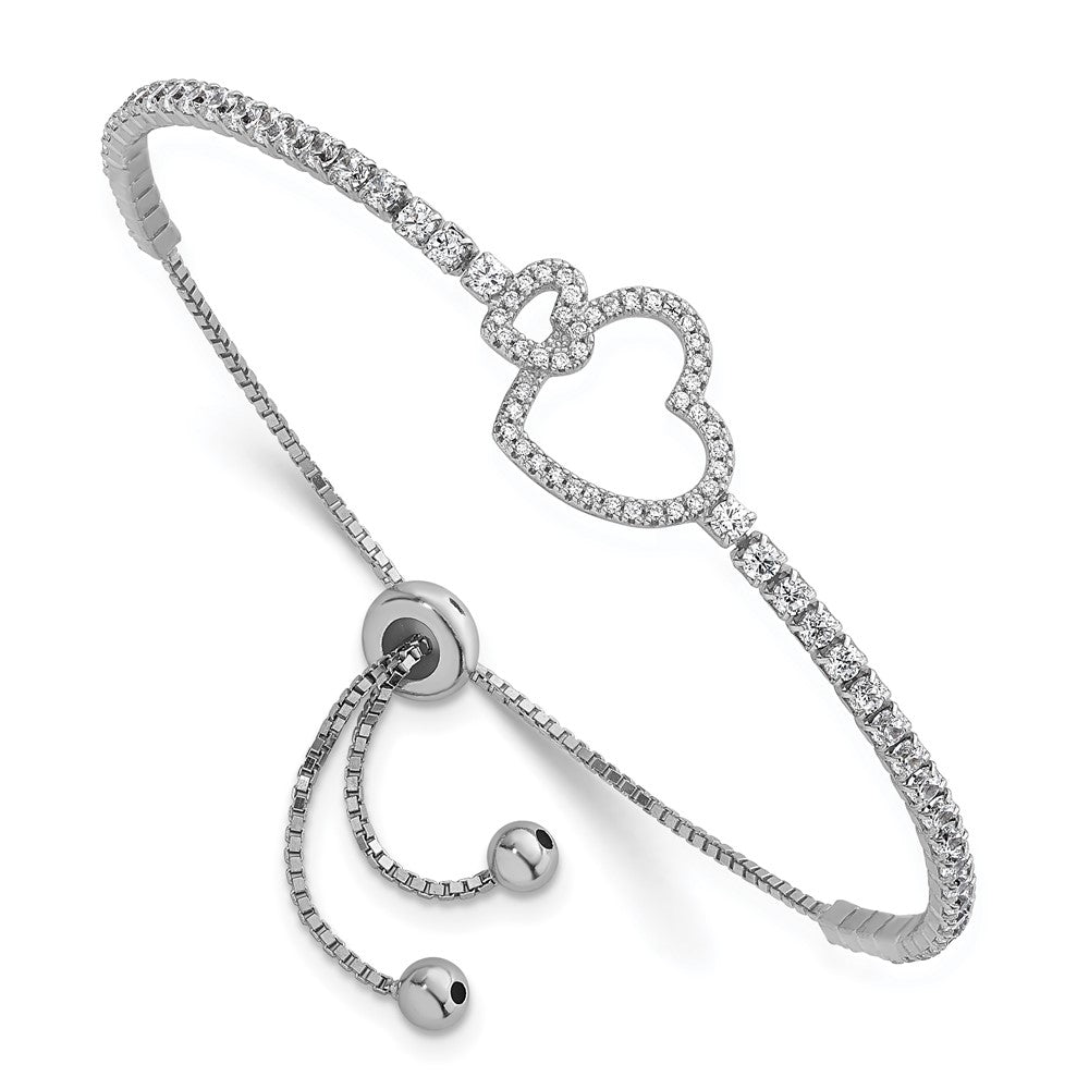 Sterling Silver Rhodium-plated Polished CZ Two Hearts Adjustable Bolo Bracelet QG6804