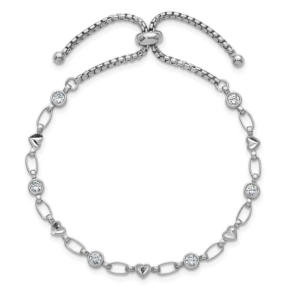 Sterling Silver Rhodium-plated Polished Round CZ and Diamond-cut Heart Adjustable Bolo Bracelet QG6806