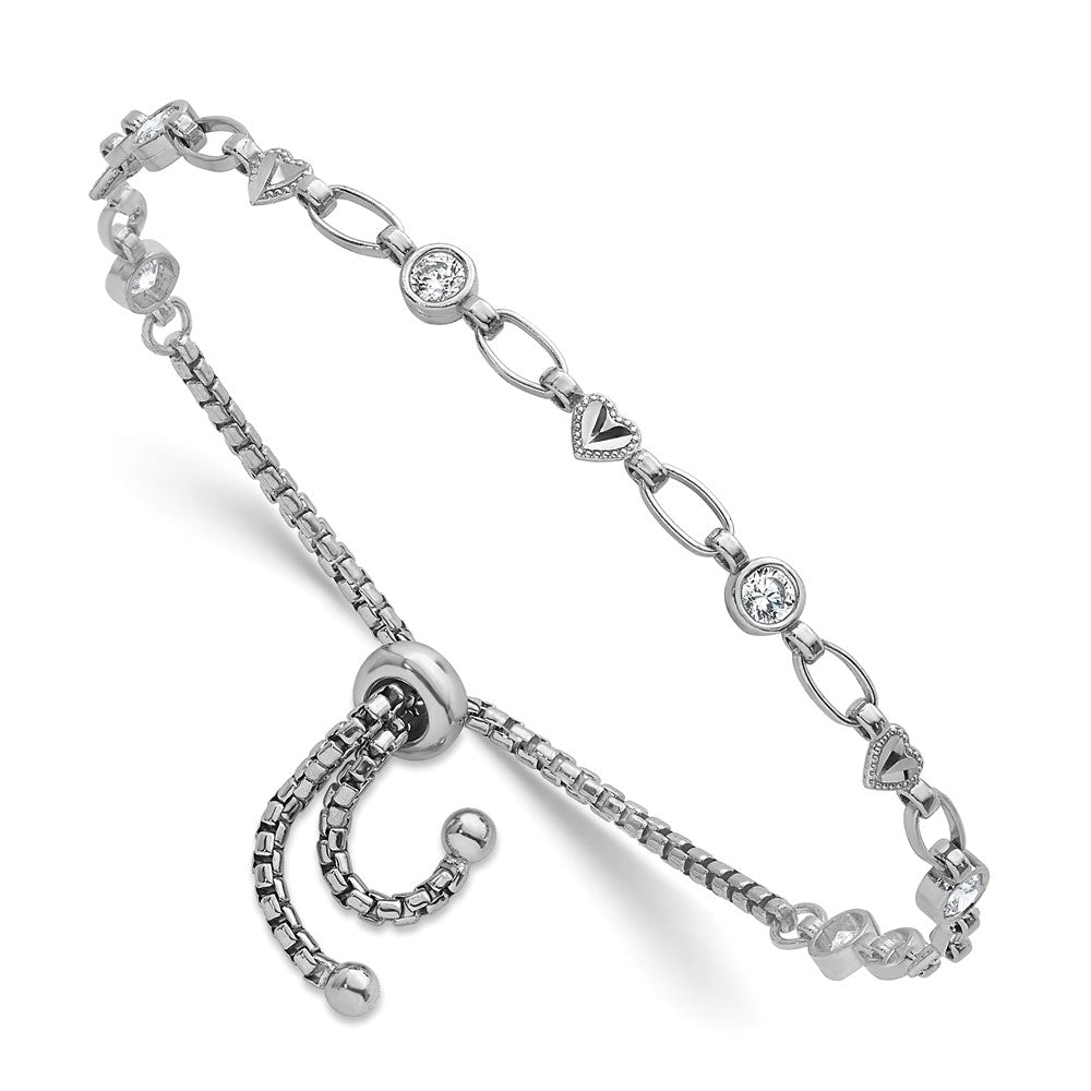 Sterling Silver Rhodium-plated Polished Round CZ and Diamond-cut Heart Adjustable Bolo Bracelet QG6806
