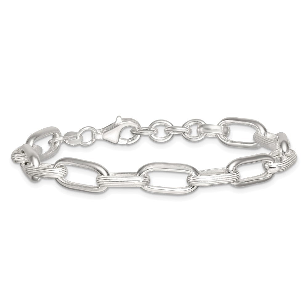 Sterling Silver Polished and Textured Oval Link 7 inch with 0.5 inch Extender Bracelet QG6809-7