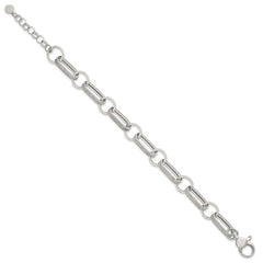 Sterling Silver Polished and Textured Oval and Round Link 7.5 inch with 1 inch Extender Bracelet QG6810-7.5
