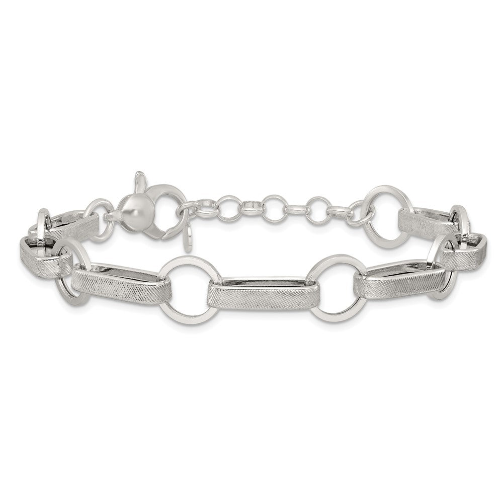 Sterling Silver Polished and Textured Oval and Round Link 7.5 inch with 1 inch Extender Bracelet QG6810-7.5