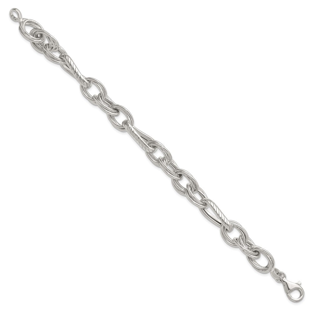 Sterling Silver Polished and Textured Triple Link and Twisted Link 8 inch Bracelet QG6818-8