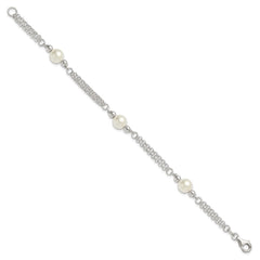 Sterling Silver Polished Double Strand with Glass Pearls 7.5 inch 3-Station Bracelet QG6827-7.5