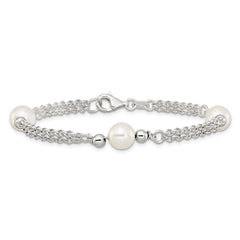 Sterling Silver Polished Double Strand with Glass Pearls 7.5 inch 3-Station Bracelet QG6827-7.5