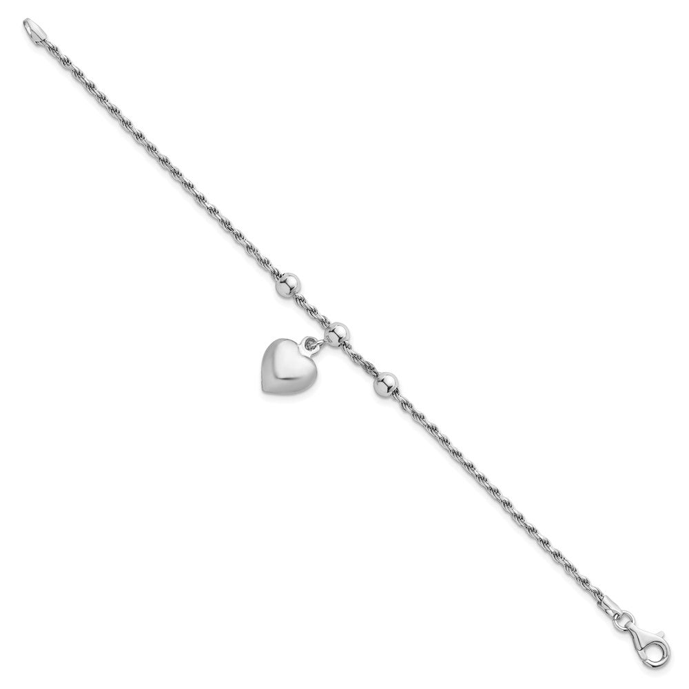Sterling Silver Rhodium-plated Puffed Heart Dangle and Beads 7 inch Rope Chain Bracelet QG6829-7
