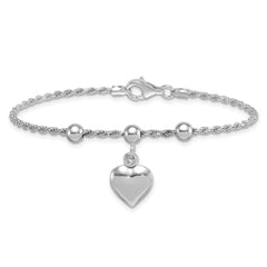 Sterling Silver Rhodium-plated Puffed Heart Dangle and Beads 7 inch Rope Chain Bracelet QG6829-7