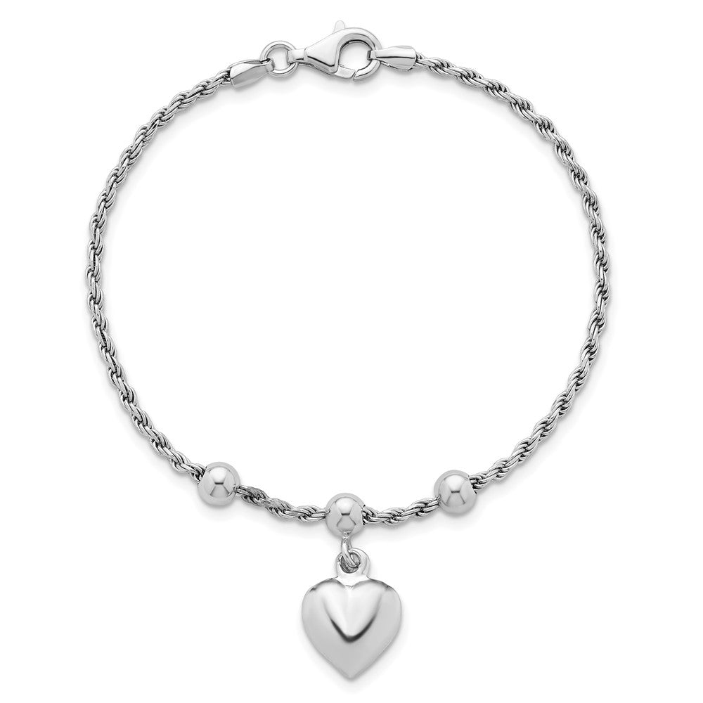 Sterling Silver Rhodium-plated Puffed Heart Dangle and Beads 7 inch Rope Chain Bracelet QG6829-7