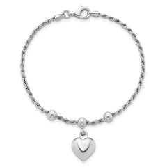 Sterling Silver Rhodium-plated Puffed Heart Dangle and Beads 7 inch Rope Chain Bracelet QG6829-7