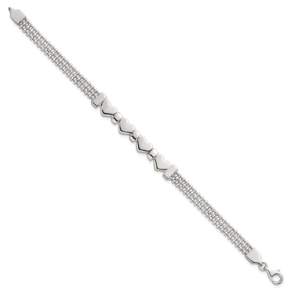 Sterling Silver Polished and Beaded 4-Hearts 7.25 Inch Bracelet QG6831-7.25