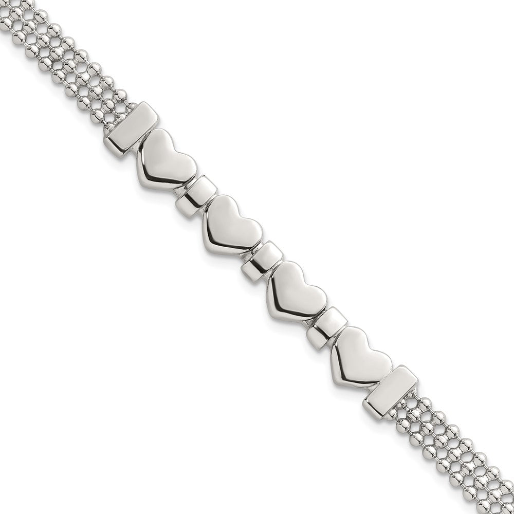 Sterling Silver Polished and Beaded 4-Hearts 7.25 Inch Bracelet QG6831-7.25