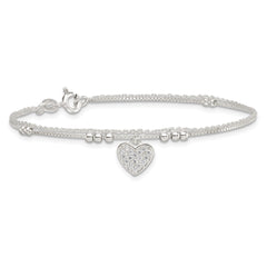 Sterling Silver Polished and Beaded with White CZ Heart Double Strand 7.5 inch Bracelet QG6833-7.5