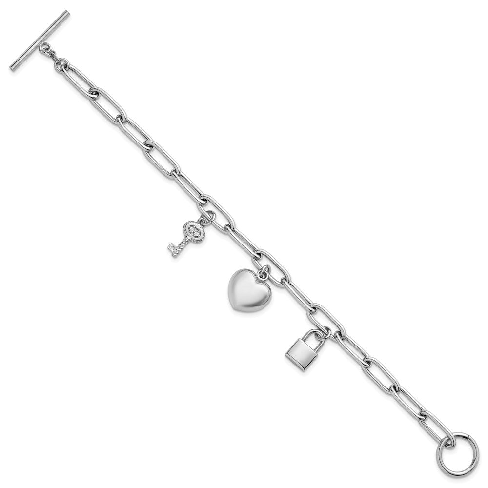 Sterling Silver Rhodium-plated Heart Lock and Key with CZ 7.5 inch Paperclip Chain Toggle Bracelet QG6834-7.5