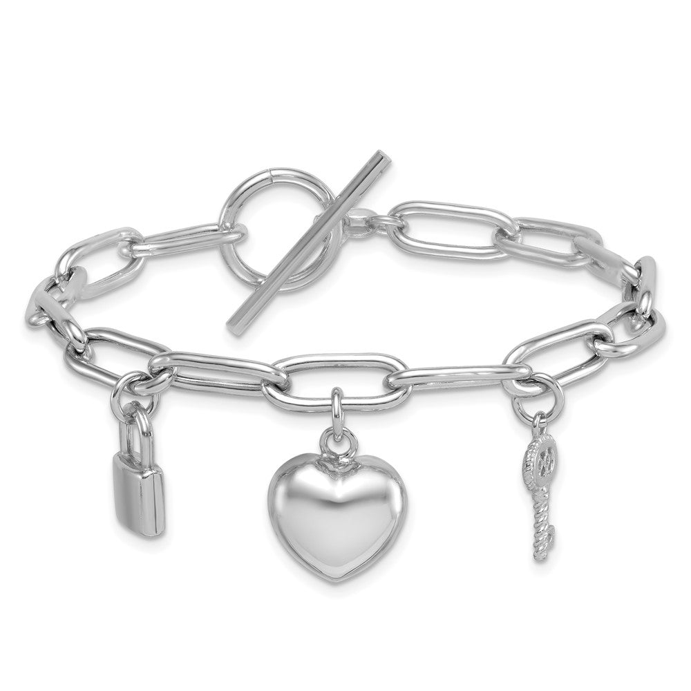 Sterling Silver Rhodium-plated Heart Lock and Key with CZ 7.5 inch Paperclip Chain Toggle Bracelet QG6834-7.5