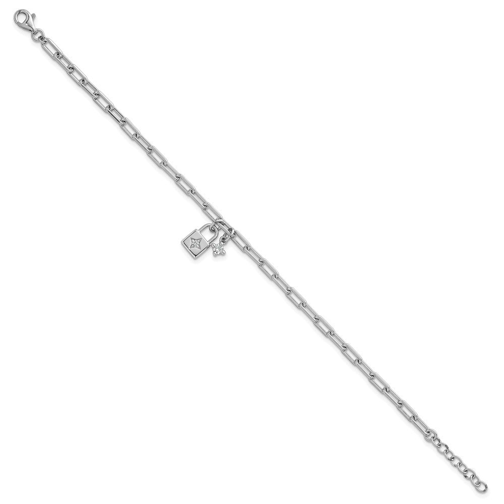 Sterling Silver Rhodium-plated Polished CZ and Lock 7 inch with 0.75 inch Extender Bracelet QG6835-7