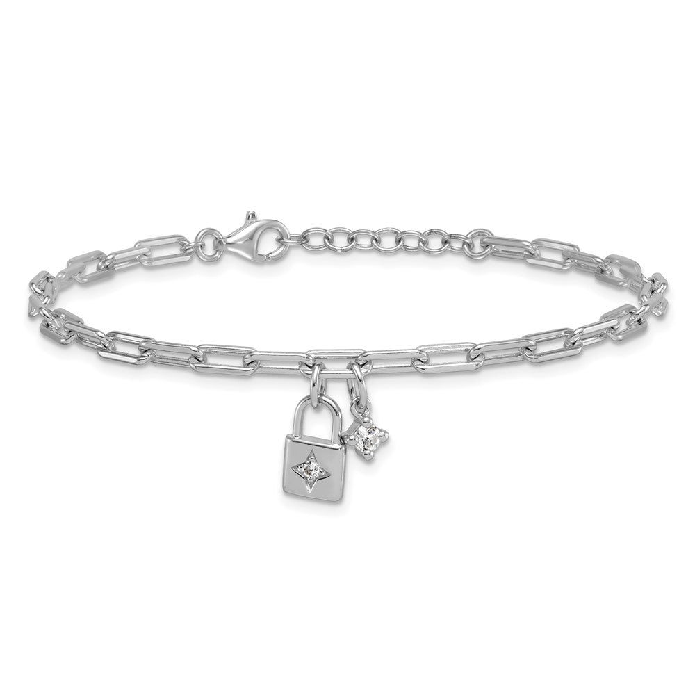 Sterling Silver Rhodium-plated Polished CZ and Lock 7 inch with 0.75 inch Extender Bracelet QG6835-7
