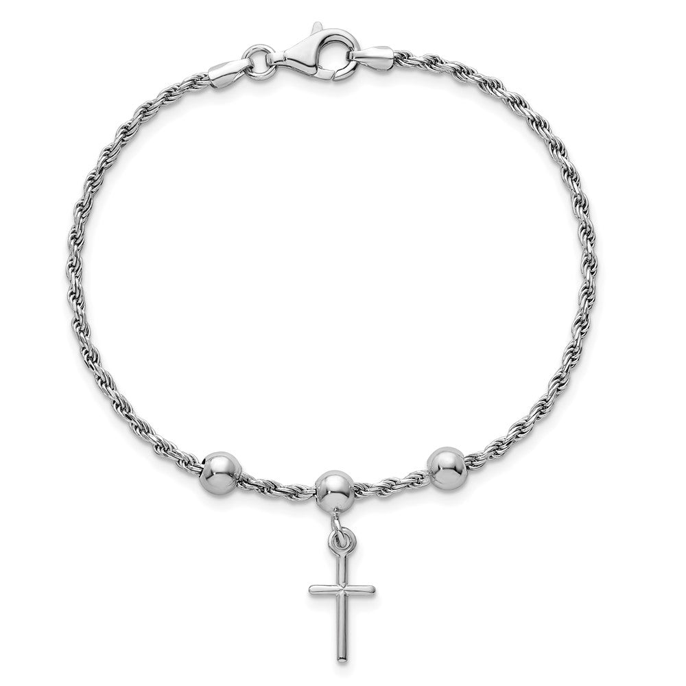 Sterling Silver Rhodium-plated Cross Dangle and Beads 7 inch Rope Chain Bracelet QG6837-7