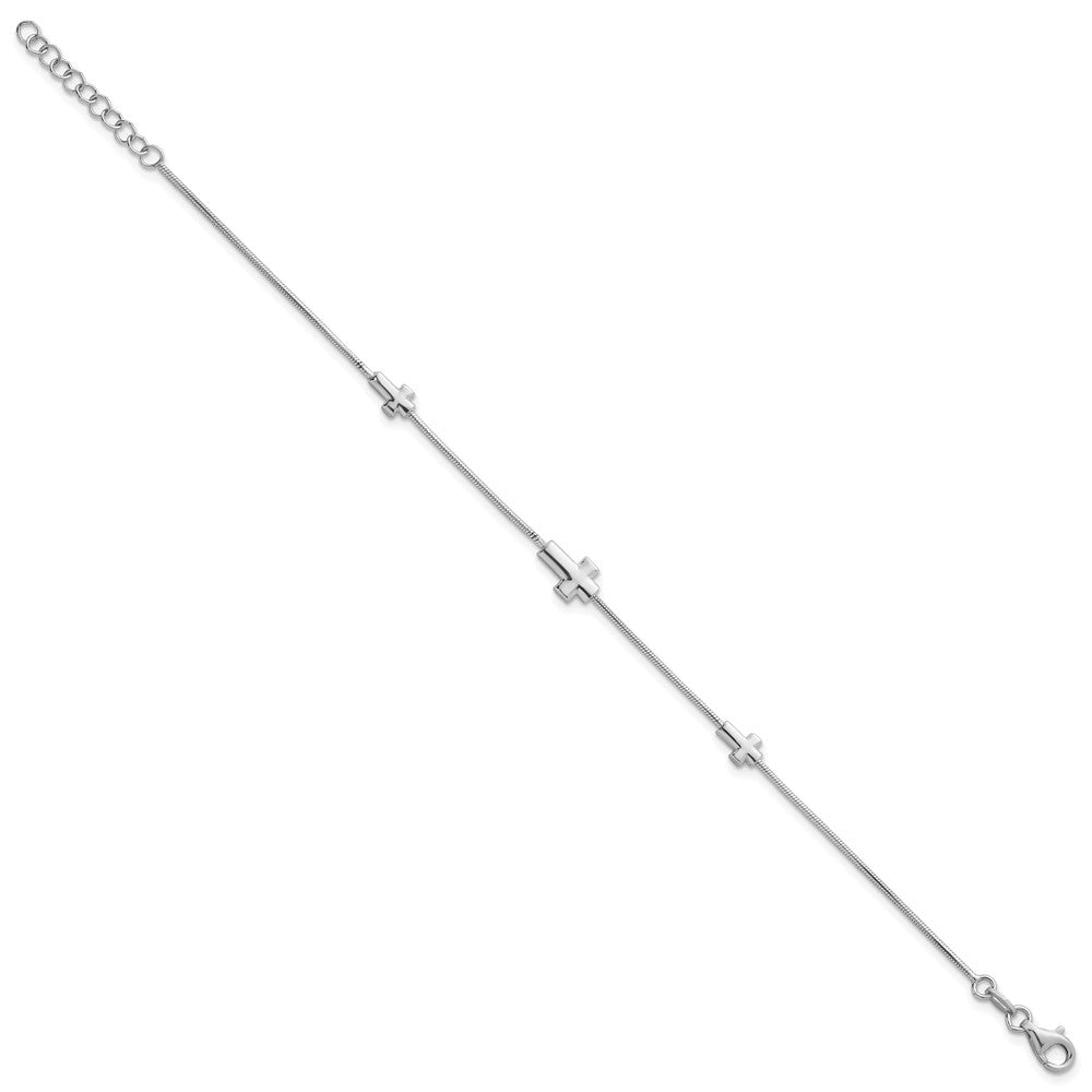 Sterling Silver Rhodium-plated Three Crosses 7 inch with 1 inch Extension Bracelet QG6838-7