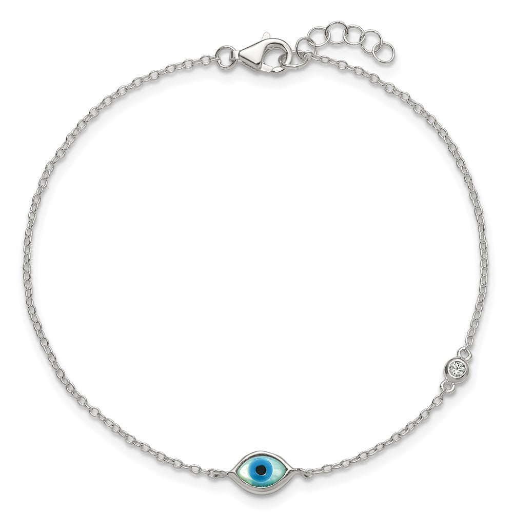 Sterling Silver Polished CZ and Mother of Pearl Evil Eye 6.75 Inch with 0.5 Inch Extension Bracelet QG6839-6.75