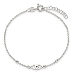 Sterling Silver Polished Beaded Black Enamel Evil Eye 7 inch with 1 inch Extension Bracelet QG6841-7