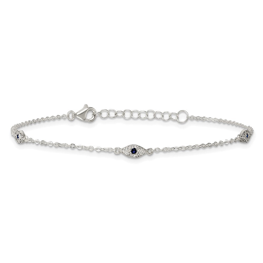 Sterling Silver Polished Blue and White CZ Evil Eye 7 Inch with 1 Inch Extension Bracelet QG6842-7