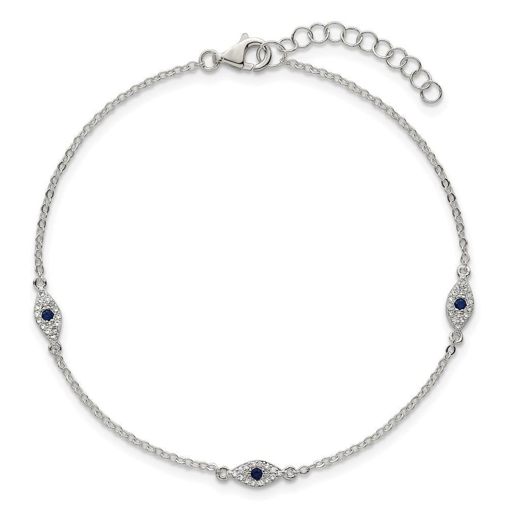 Sterling Silver Polished Blue and White CZ Evil Eye 7 Inch with 1 Inch Extension Bracelet QG6842-7