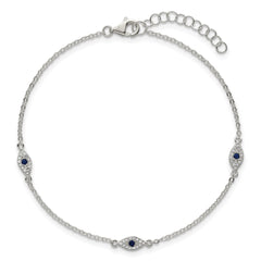 Sterling Silver Polished Blue and White CZ Evil Eye 7 Inch with 1 Inch Extension Bracelet QG6842-7