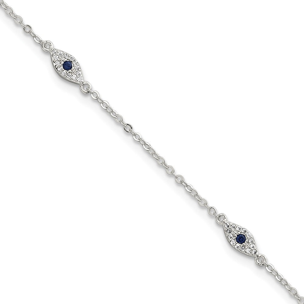 Sterling Silver Polished Blue and White CZ Evil Eye 7 Inch with 1 Inch Extension Bracelet QG6842-7
