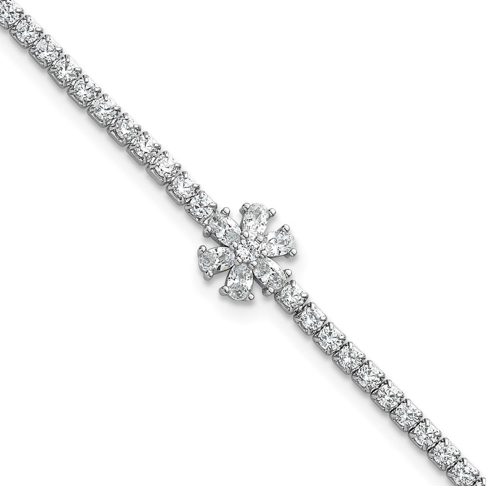 Sterling Silver Rhodium-plated Polished CZ Flower 7.25 inch Tennis Bracelet QG6844-7.25