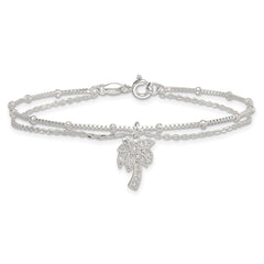 Sterling Silver Polished and Beaded White CZ Palm Tree Dangle Double Strand 7.5 inch Bracelet QG6845-7.5