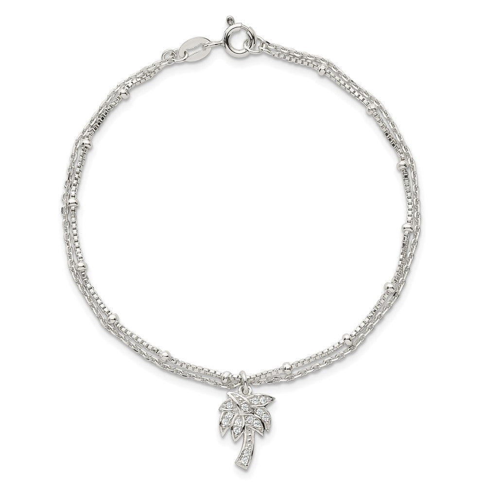 Sterling Silver Polished and Beaded White CZ Palm Tree Dangle Double Strand 7.5 inch Bracelet QG6845-7.5