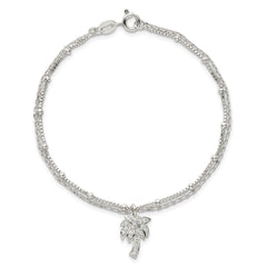 Sterling Silver Polished and Beaded White CZ Palm Tree Dangle Double Strand 7.5 inch Bracelet QG6845-7.5