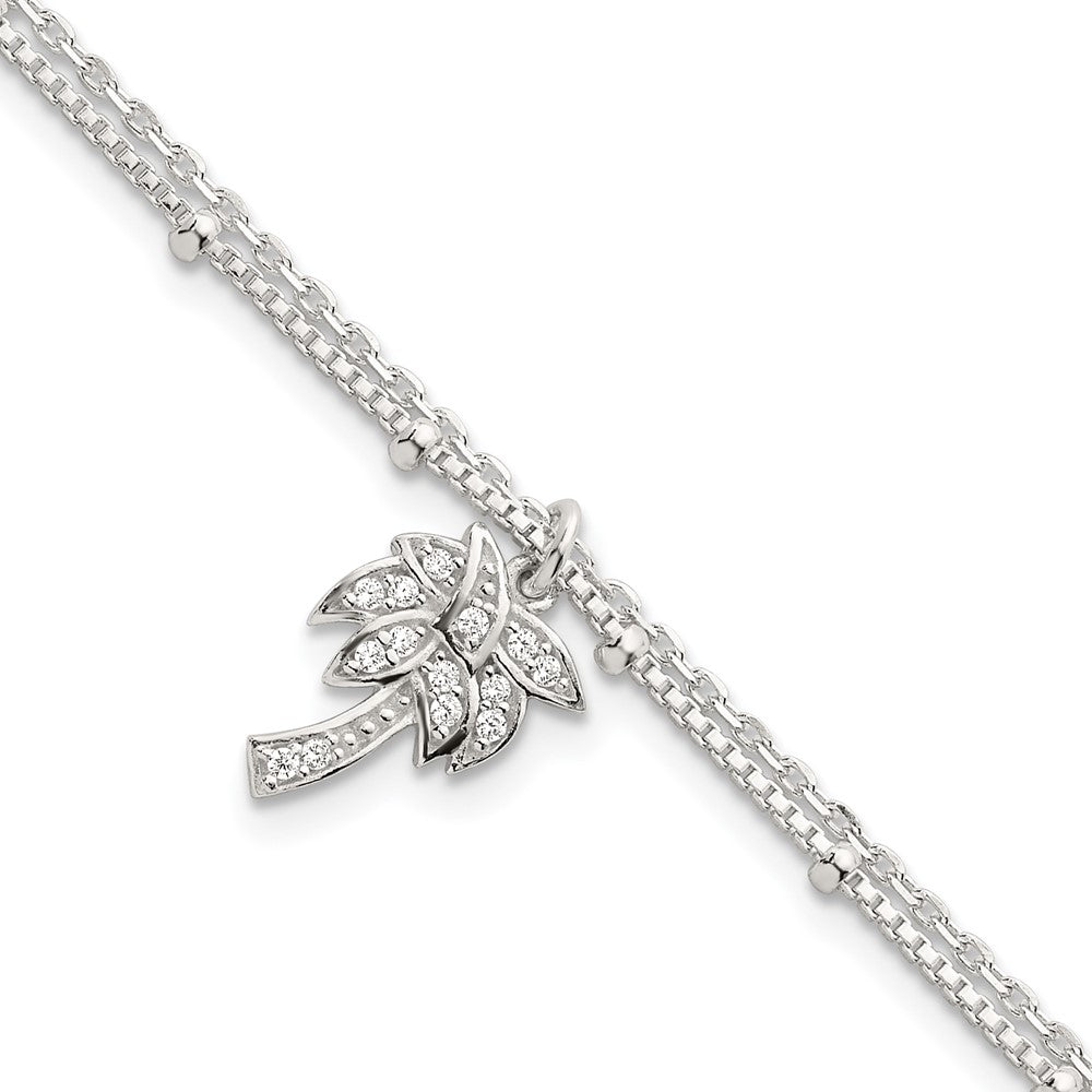 Sterling Silver Polished and Beaded White CZ Palm Tree Dangle Double Strand 7.5 inch Bracelet QG6845-7.5