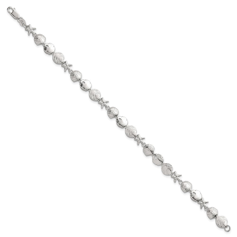 Sterling Silver Polished Textured Starfish, Sand Dollar, and Sea Shell 7.25 inch Bracelet QG6846-7.25