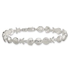 Sterling Silver Polished Textured Starfish, Sand Dollar, and Sea Shell 7.25 inch Bracelet QG6846-7.25