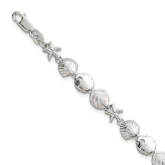 Sterling Silver Polished Textured Starfish, Sand Dollar, and Sea Shell 7.25 inch Bracelet QG6846-7.25