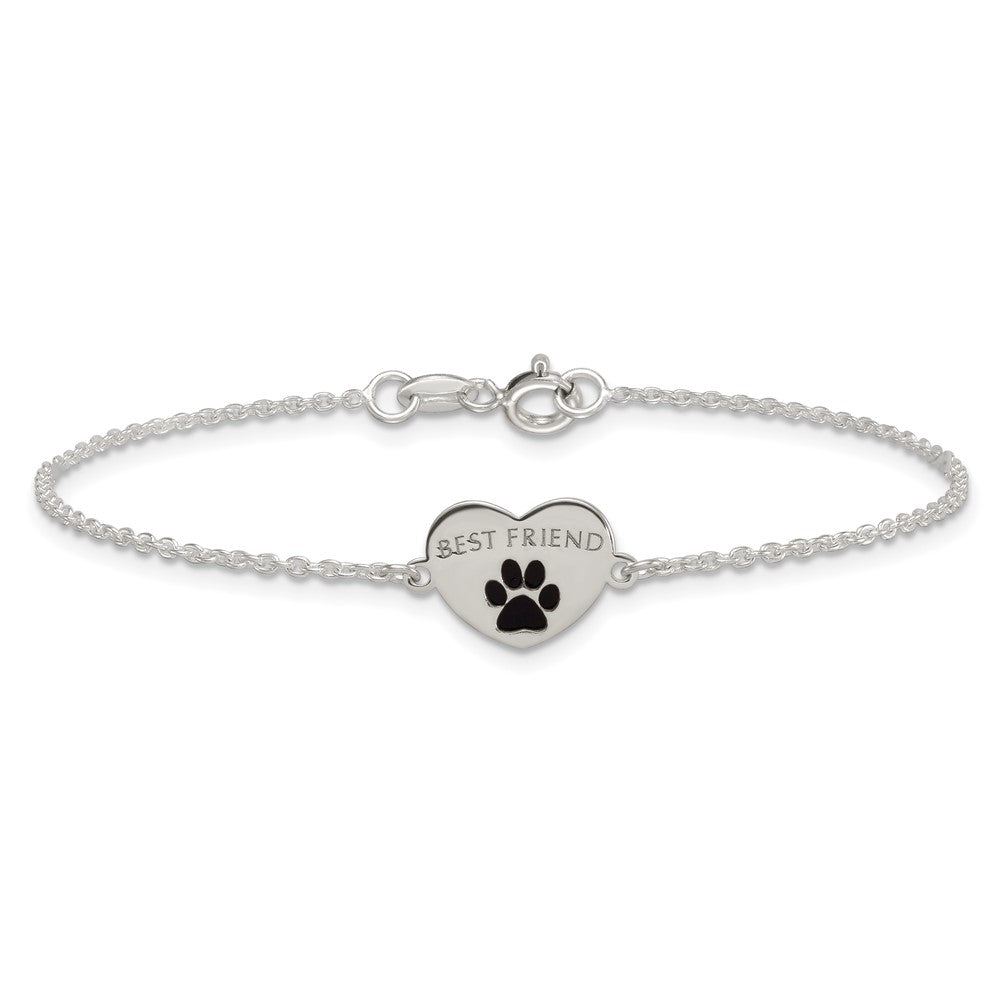 Sterling Silver Polished Black Enamel Pawprint Heart BEST FRIEND 7.5 inch Bracelet QG6847-7.5