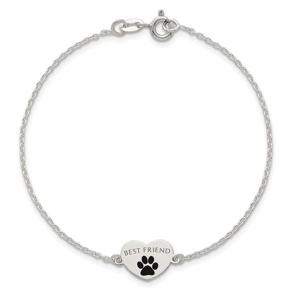 Sterling Silver Polished Black Enamel Pawprint Heart BEST FRIEND 7.5 inch Bracelet QG6847-7.5