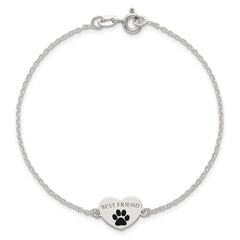 Sterling Silver Polished Black Enamel Pawprint Heart BEST FRIEND 7.5 inch Bracelet QG6847-7.5