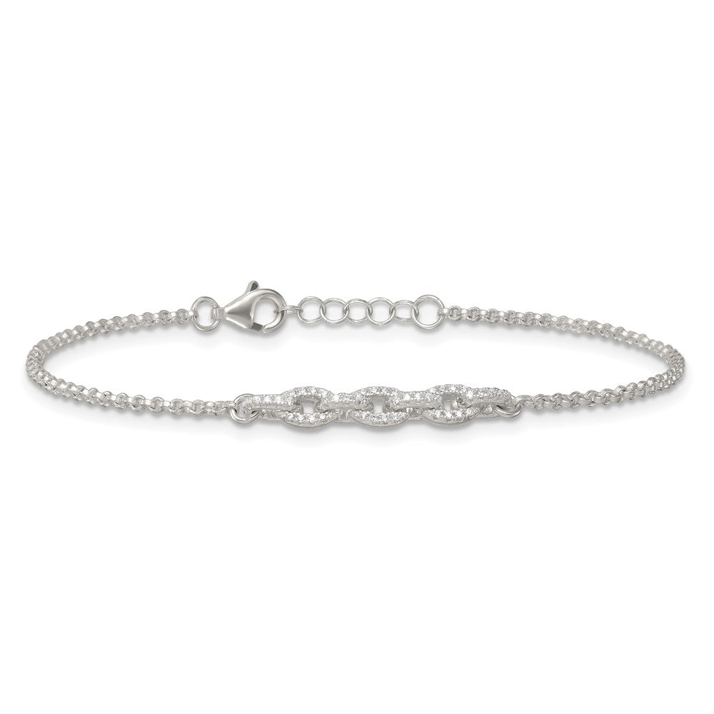 Sterling Silver Polished Pave CZ Cable Link 6.75 Inch with 0.5 Inch Extension Bracelet QG6848-6.75