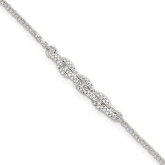Sterling Silver Polished Pave CZ Cable Link 6.75 Inch with 0.5 Inch Extension Bracelet QG6848-6.75