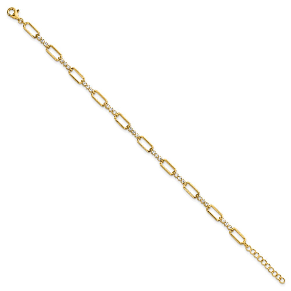 Sterling Silver Gold-tone Polished CZ and Paperclip Link 7 Inch with 1 Inch Extension Bracelet QG6850GP-7
