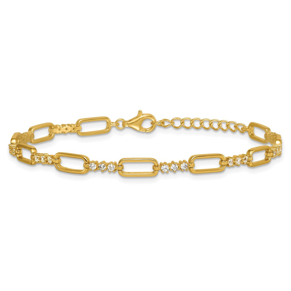 Sterling Silver Gold-tone Polished CZ and Paperclip Link 7 Inch with 1 Inch Extension Bracelet QG6850GP-7